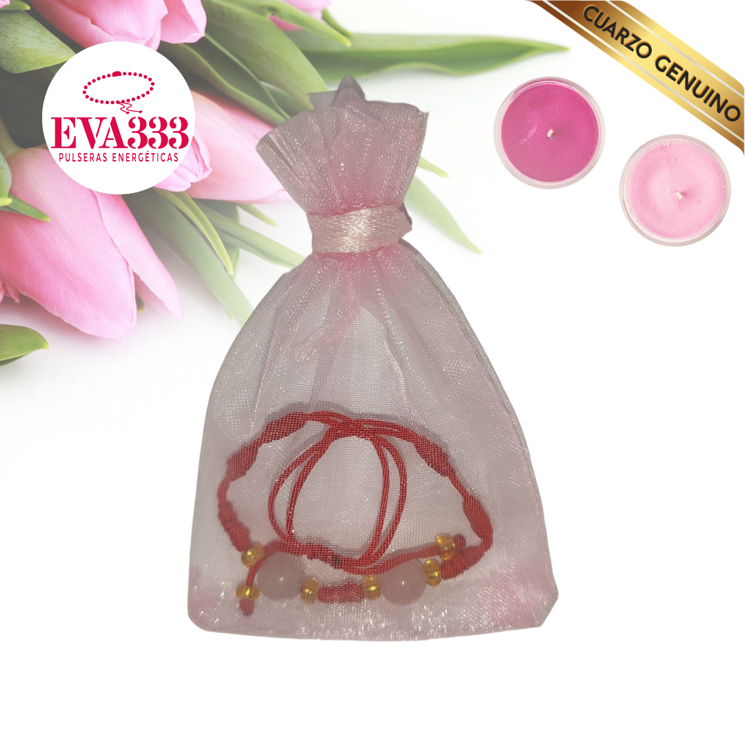 Pulsera Hilo Rojo 7 Nudos 2 Cuarzo Rosa (6 Chaquira Dorada)