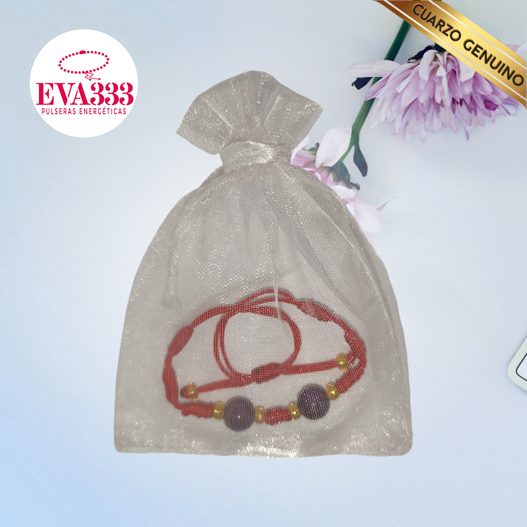 Pulsera Hilo Rojo 7 Nudos 2 Cuarzo Amatista (6 Chaquira Dorada)
