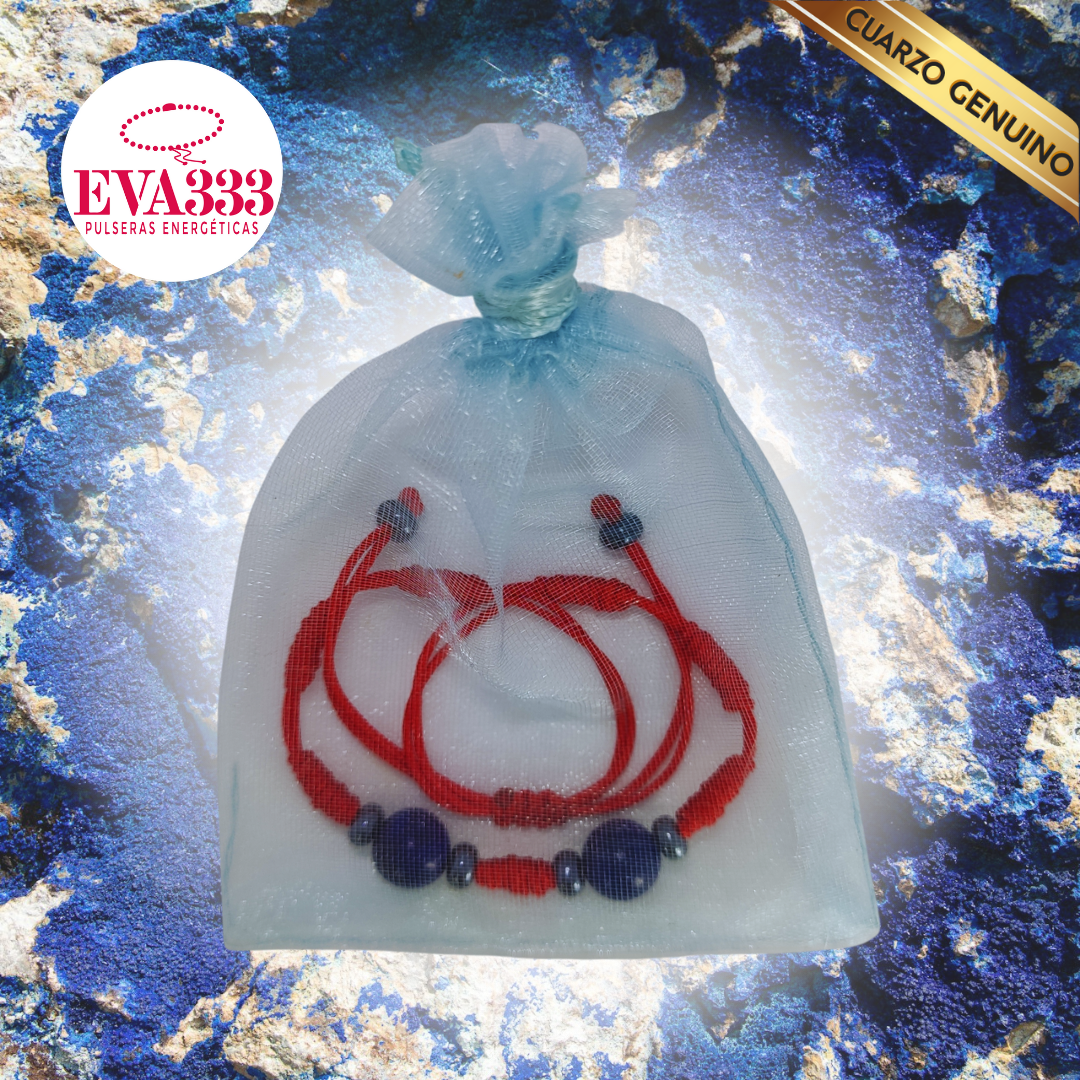 Pulsera Hilo Rojo 7 Nudos 2 Cuarzo Lapislázuli (6 Chaquira Plomo)