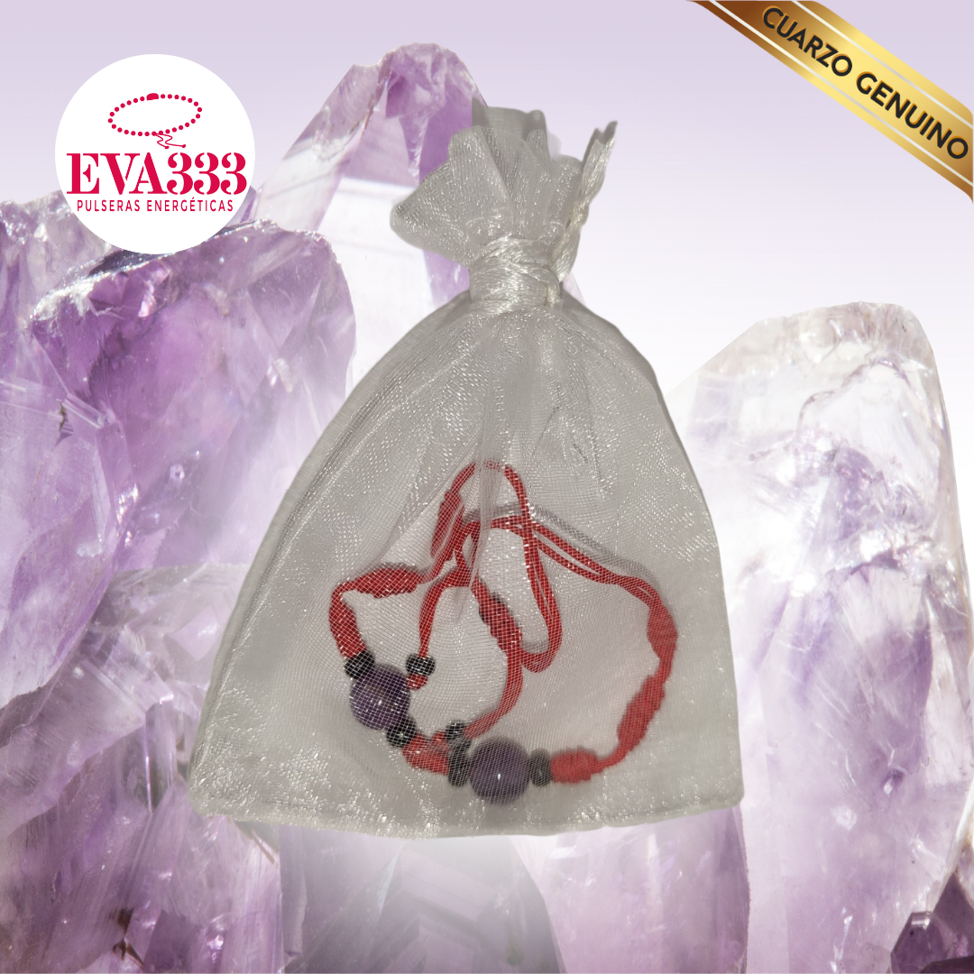 Pulsera Hilo Rojo 7 Nudos 2 Cuarzo Amatista (6 Chaquira Negra)