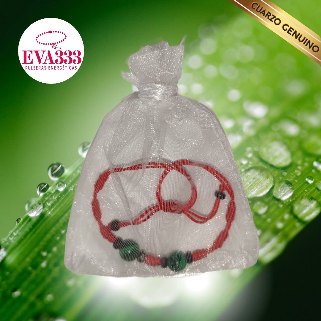 Pulsera Hilo Rojo 7 Nudos 2 Cuarzo Malaquita (6 Chaquira Negra)