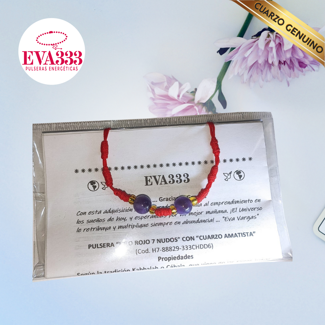 Pulsera Hilo Rojo 7 Nudos 2 Cuarzo Amatista (6 Chaquira Dorada)
