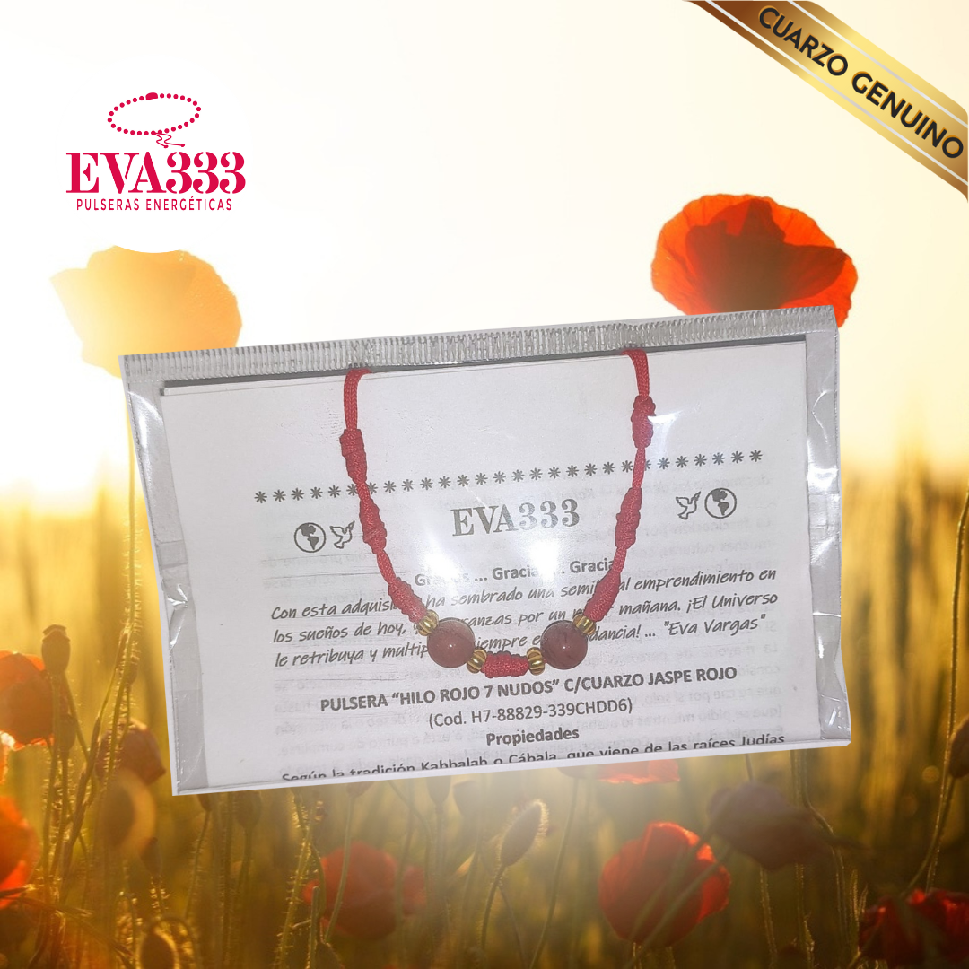 Pulsera Hilo Rojo 7 Nudos 2 Cuarzo Jaspe Rojo (6 Chaquira Dorada)