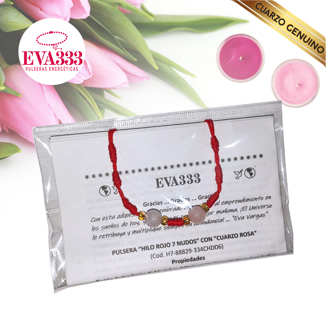 Pulsera Hilo Rojo 7 Nudos 2 Cuarzo Rosa (6 Chaquira Dorada)