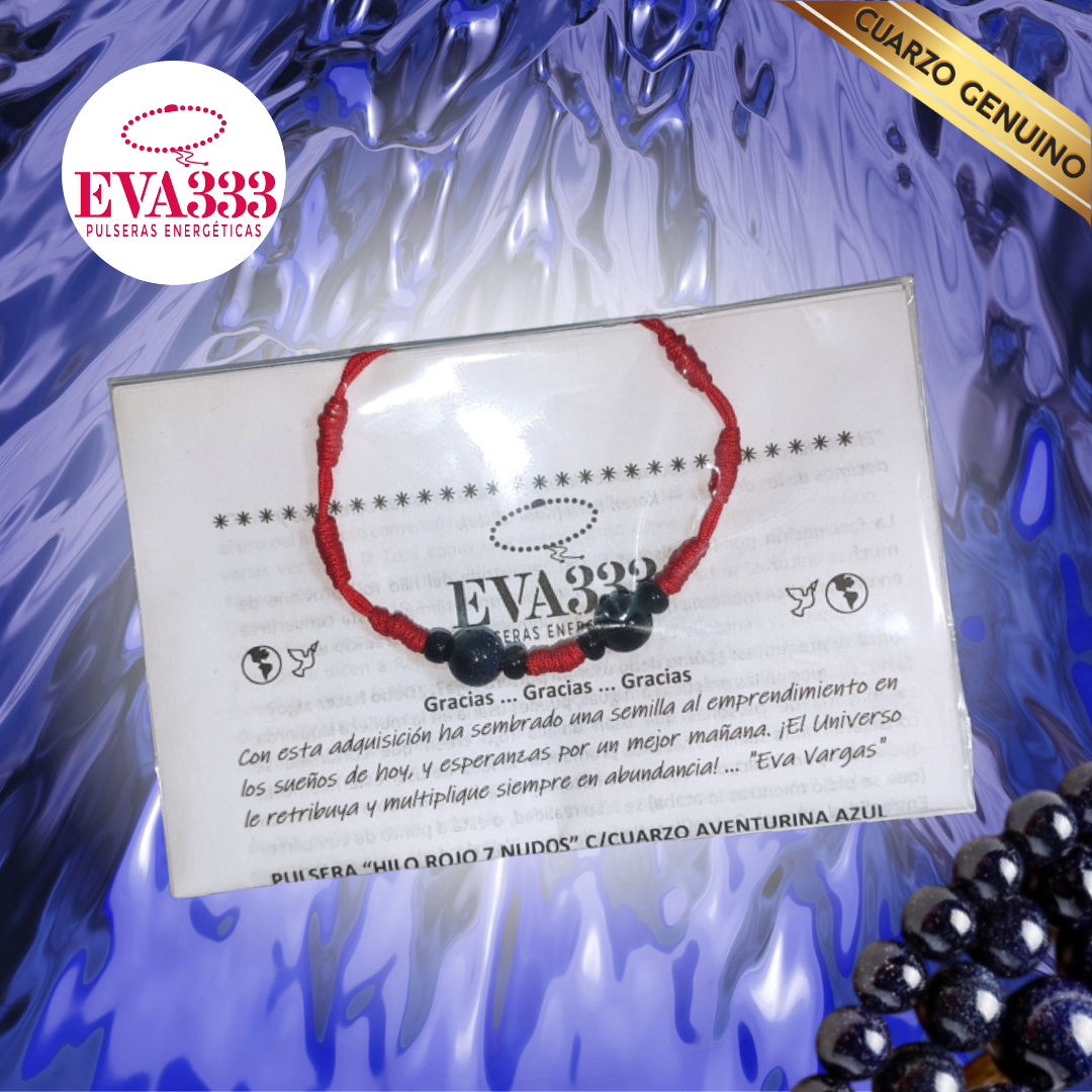 Pulsera Hilo Rojo 7 Nudos 2 Cuarzo Aventurina Azul (6 Chaquira Negra)