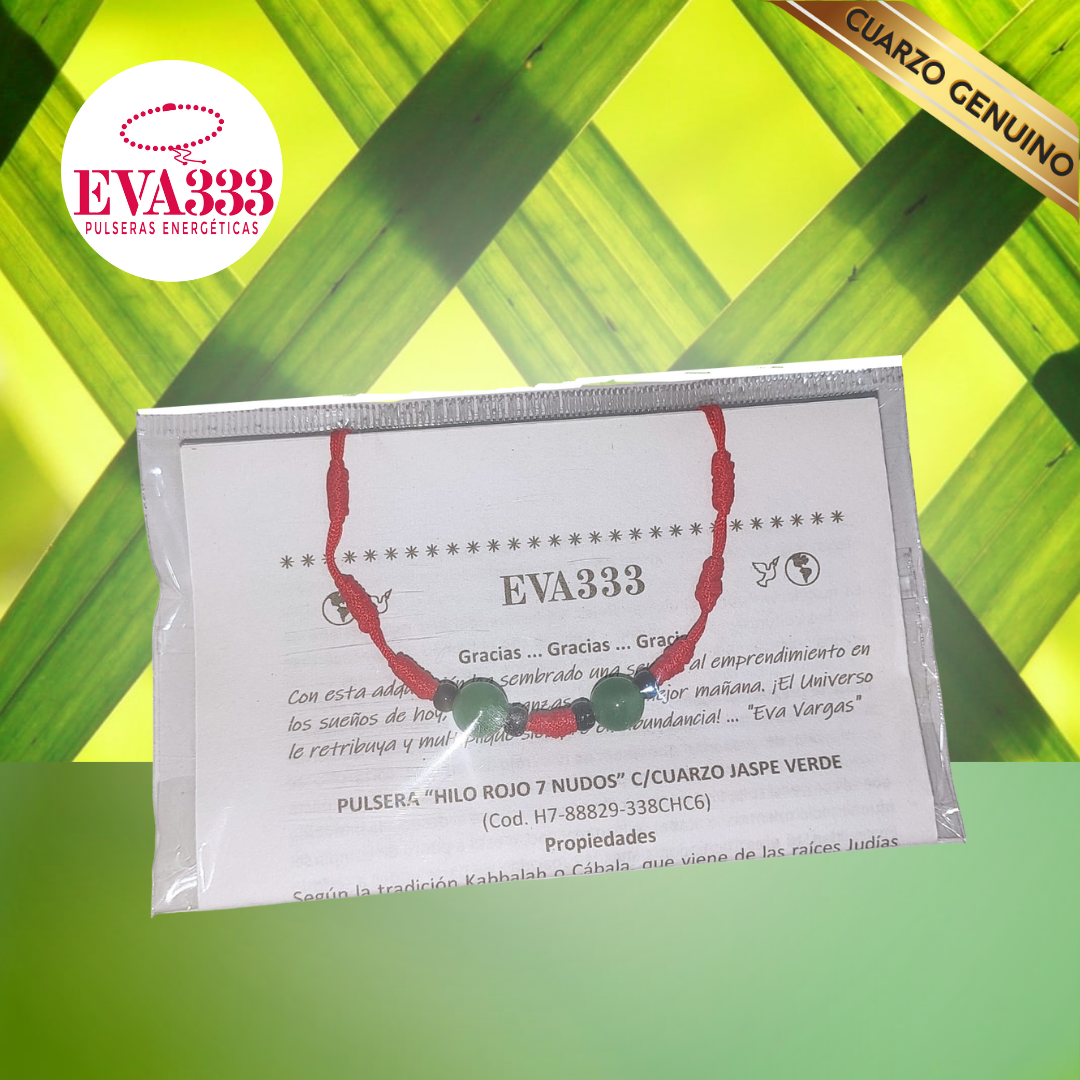 Pulsera Hilo Rojo 7 Nudos 2 Cuarzo Jaspe Verde (6 Chaquira Negra)