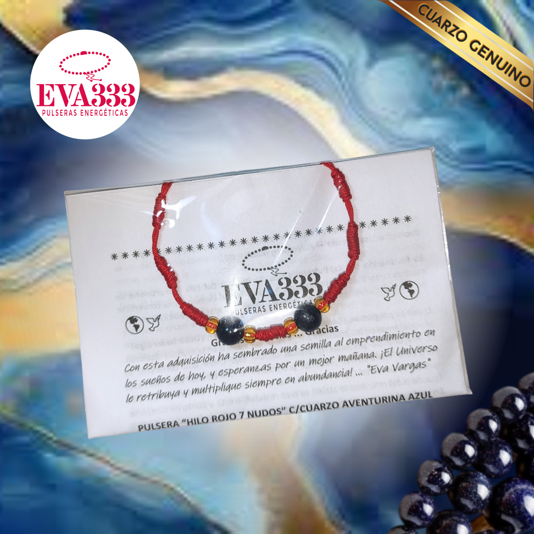 Pulsera Hilo Rojo 7 Nudos 2 Cuarzo Aventurina Azul (6 Chaquira Dorada)