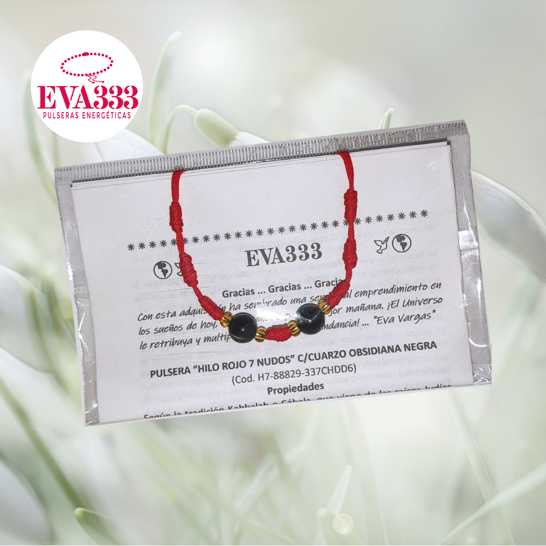 Pulsera Hilo Rojo 7 Nudos 2 Cuarzo Obsidiana Negra (6 Chaquira Dorada)