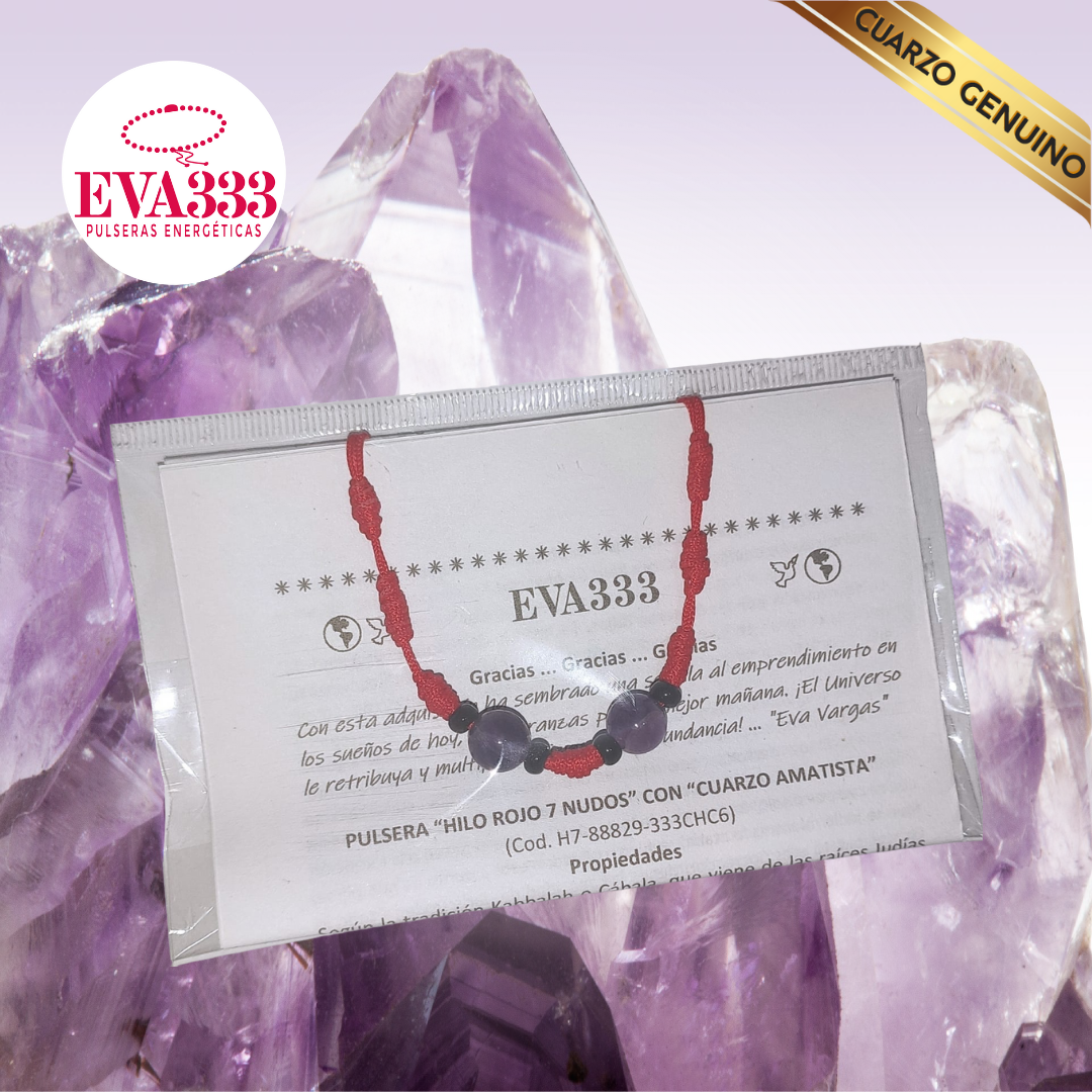 Pulsera Hilo Rojo 7 Nudos 2 Cuarzo Amatista (6 Chaquira Negra)