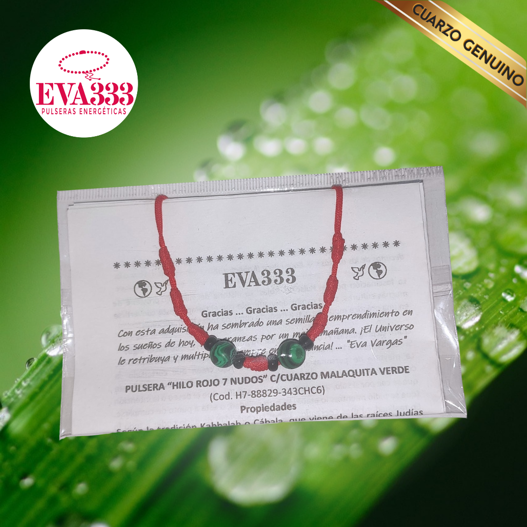 Pulsera Hilo Rojo 7 Nudos 2 Cuarzo Malaquita (6 Chaquira Negra)