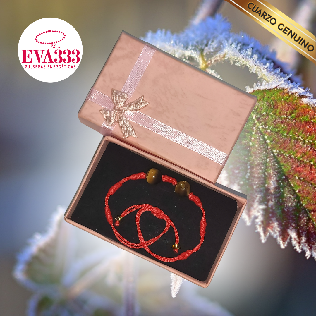 Pulsera Hilo Rojo 7 Nudos 2 Cuarzo Ojo de Tigre (2 Chaquira Dorada)