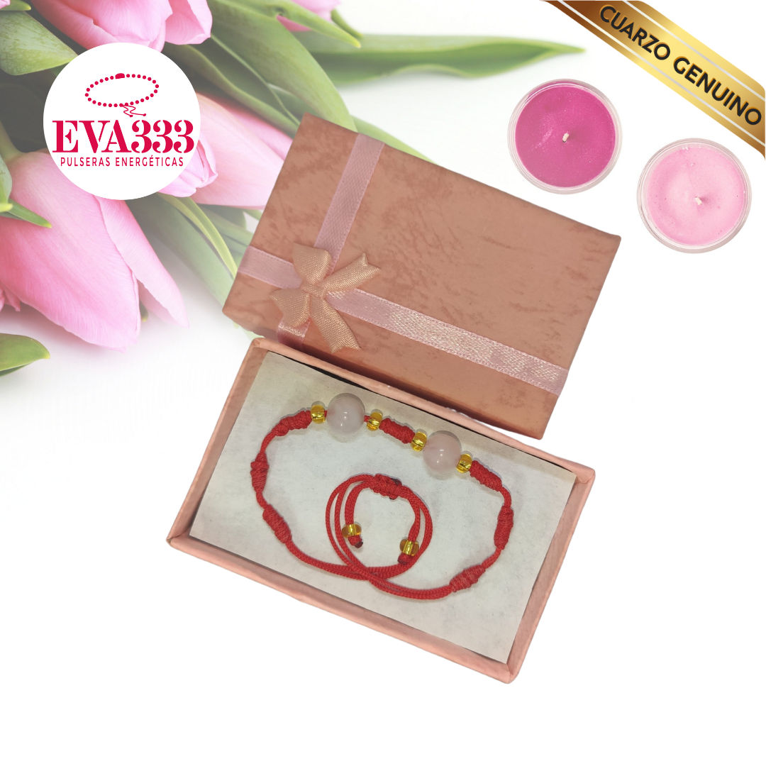 Pulsera Hilo Rojo 7 Nudos 2 Cuarzo Rosa (6 Chaquira Dorada)