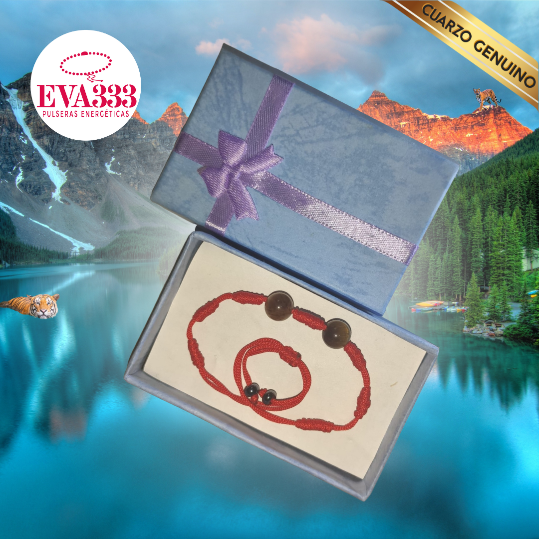 Pulsera Hilo Rojo 7 Nudos 2 Cuarzo Ojo de Tigre (2 Chaquira Negra)
