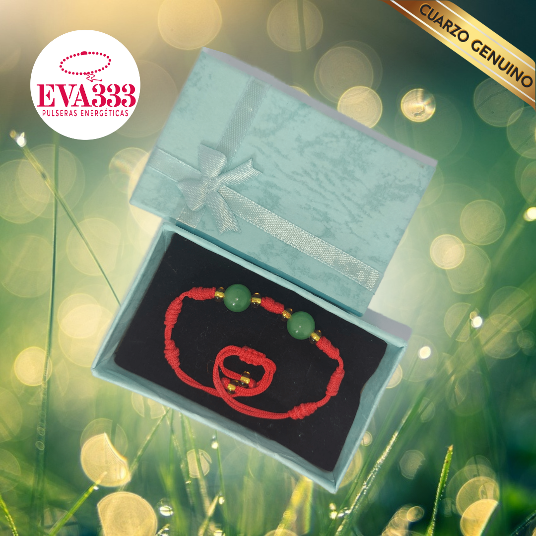 Pulsera Hilo Rojo 7 Nudos 2 Cuarzo Jaspe Verde (6 Chaquira Dorada)