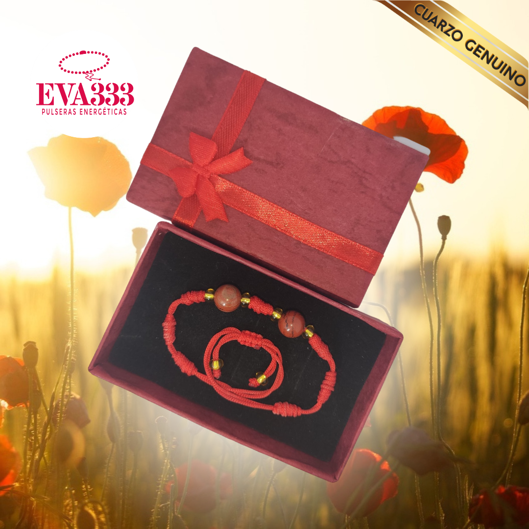 Pulsera Hilo Rojo 7 Nudos 2 Cuarzo Jaspe Rojo (6 Chaquira Dorada)