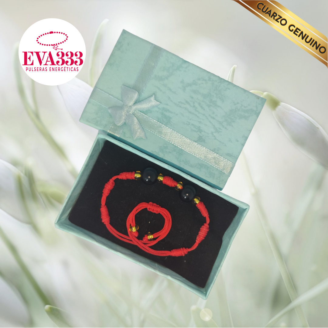 Pulsera Hilo Rojo 7 Nudos 2 Cuarzo Obsidiana Negra (6 Chaquira Dorada)