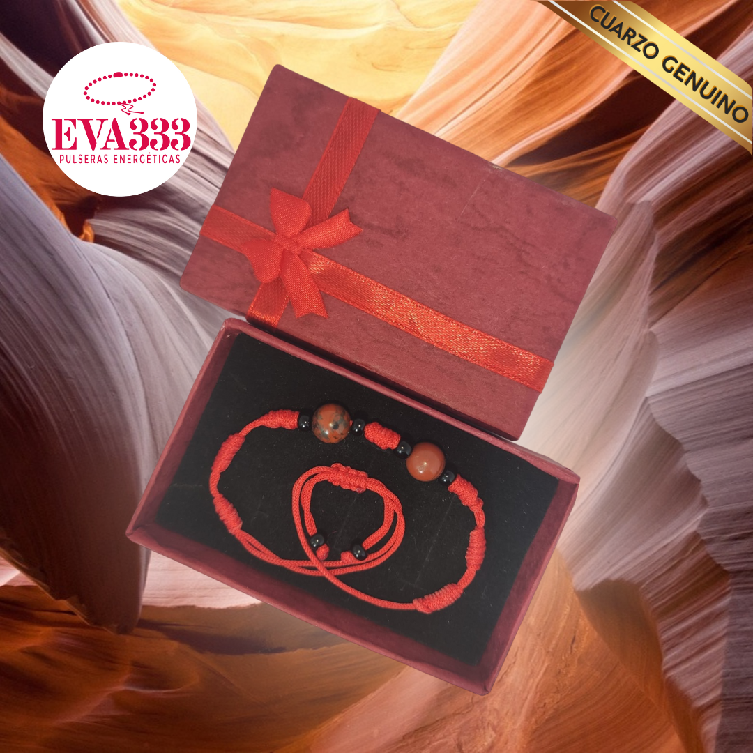 Pulsera Hilo Rojo 7 Nudos 2 Cuarzo Jaspe Rojo (6 Chaquira Negra)