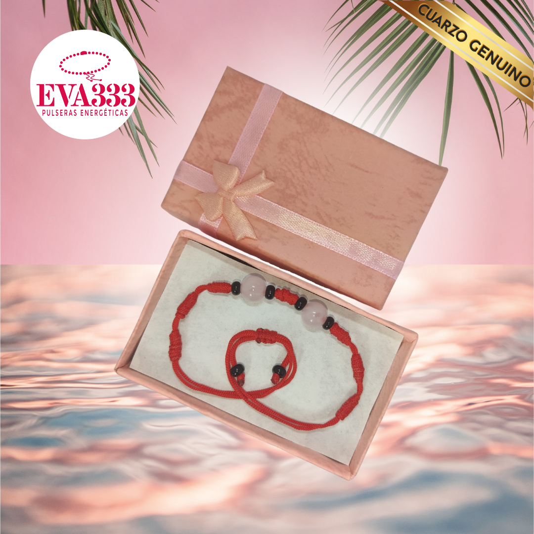 Pulsera Hilo Rojo 7 Nudos 2 Cuarzo Rosa (6 Chaquira Negra)