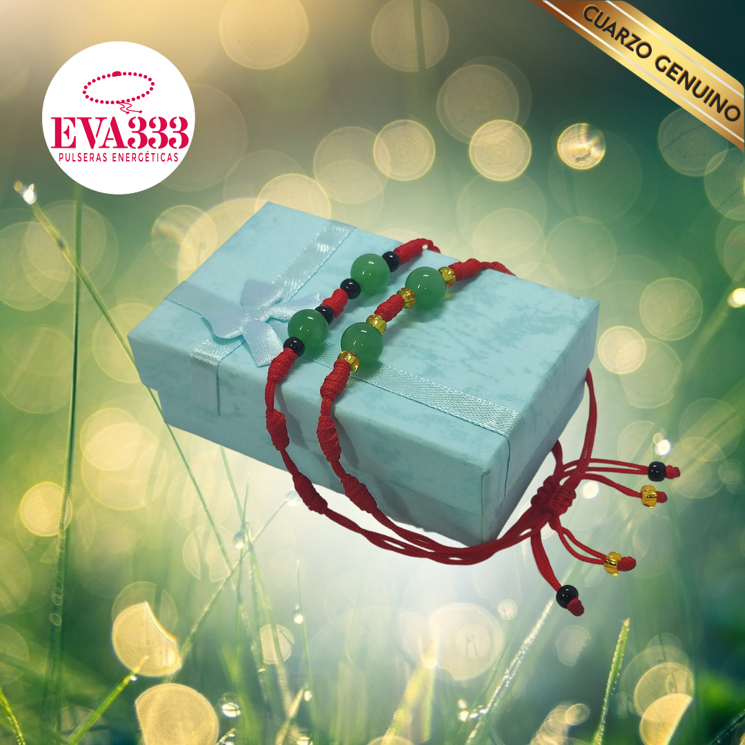 Pulsera Hilo Rojo 7 Nudos 2 Cuarzo Jaspe Verde (6 Chaquira Dorada)