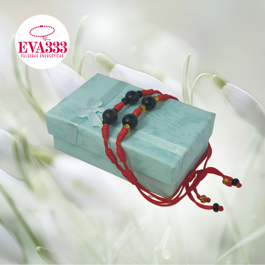 Pulsera Hilo Rojo 7 Nudos 2 Cuarzo Obsidiana Negra (6 Chaquira Dorada)
