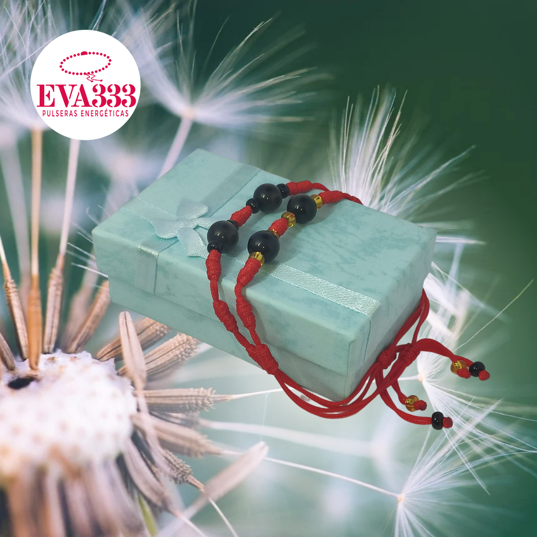 Pulsera Hilo Rojo 7 Nudos 2 Cuarzo Obsidiana Negra (6 Chaquira Negra)