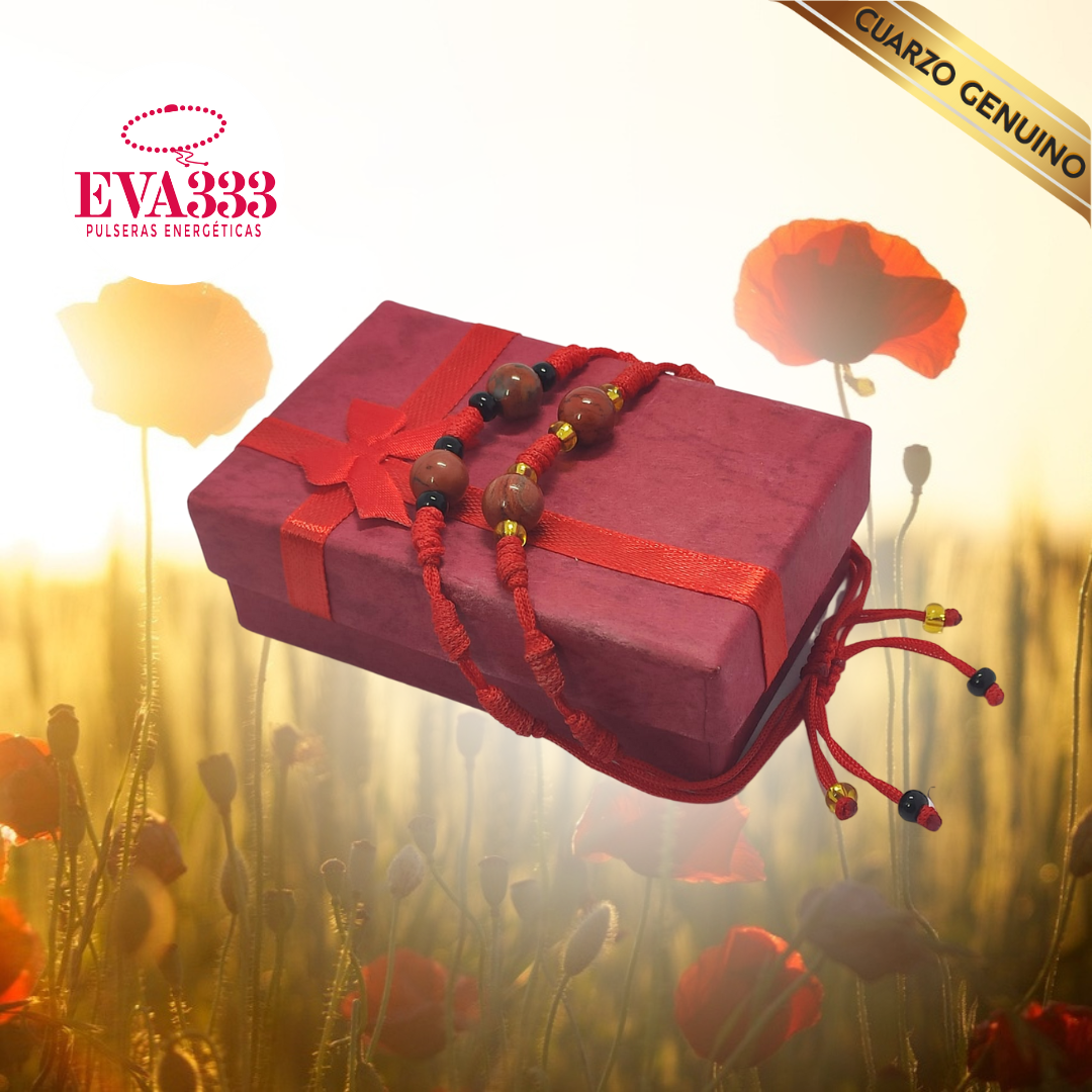 Pulsera Hilo Rojo 7 Nudos 2 Cuarzo Jaspe Rojo (6 Chaquira Dorada)