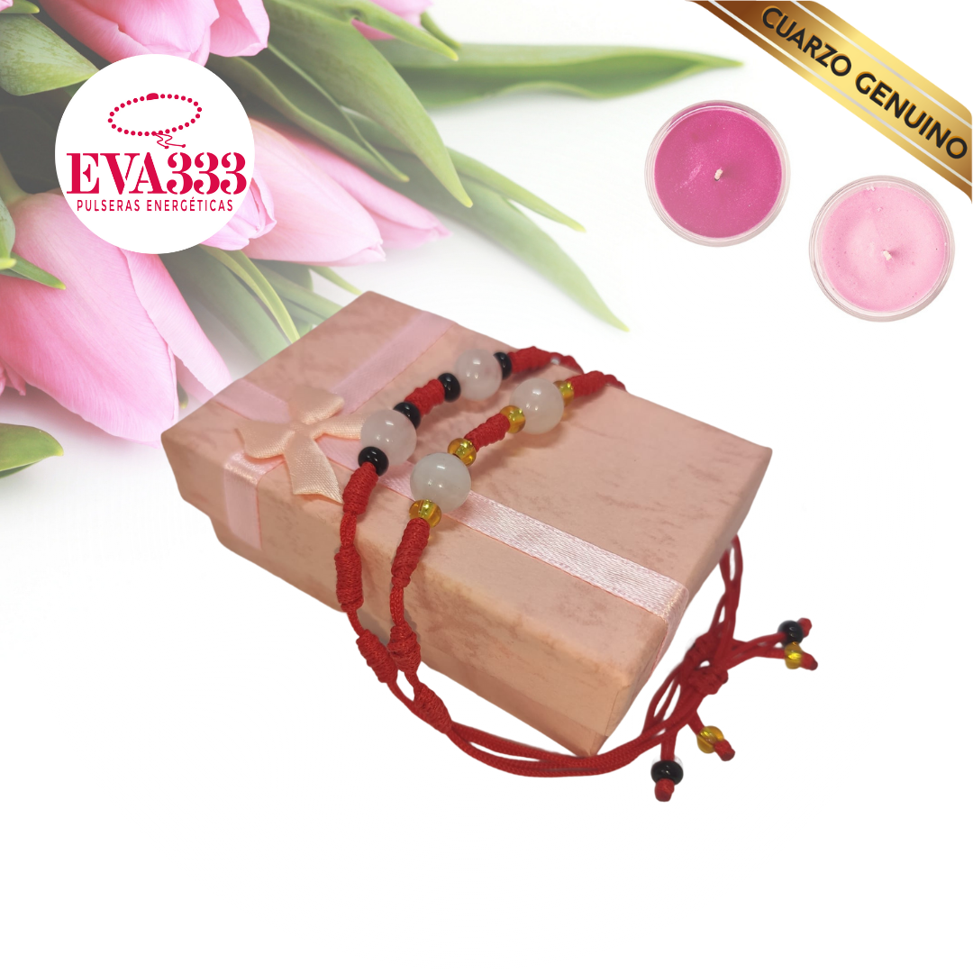 Pulsera Hilo Rojo 7 Nudos 2 Cuarzo Rosa (6 Chaquira Dorada)