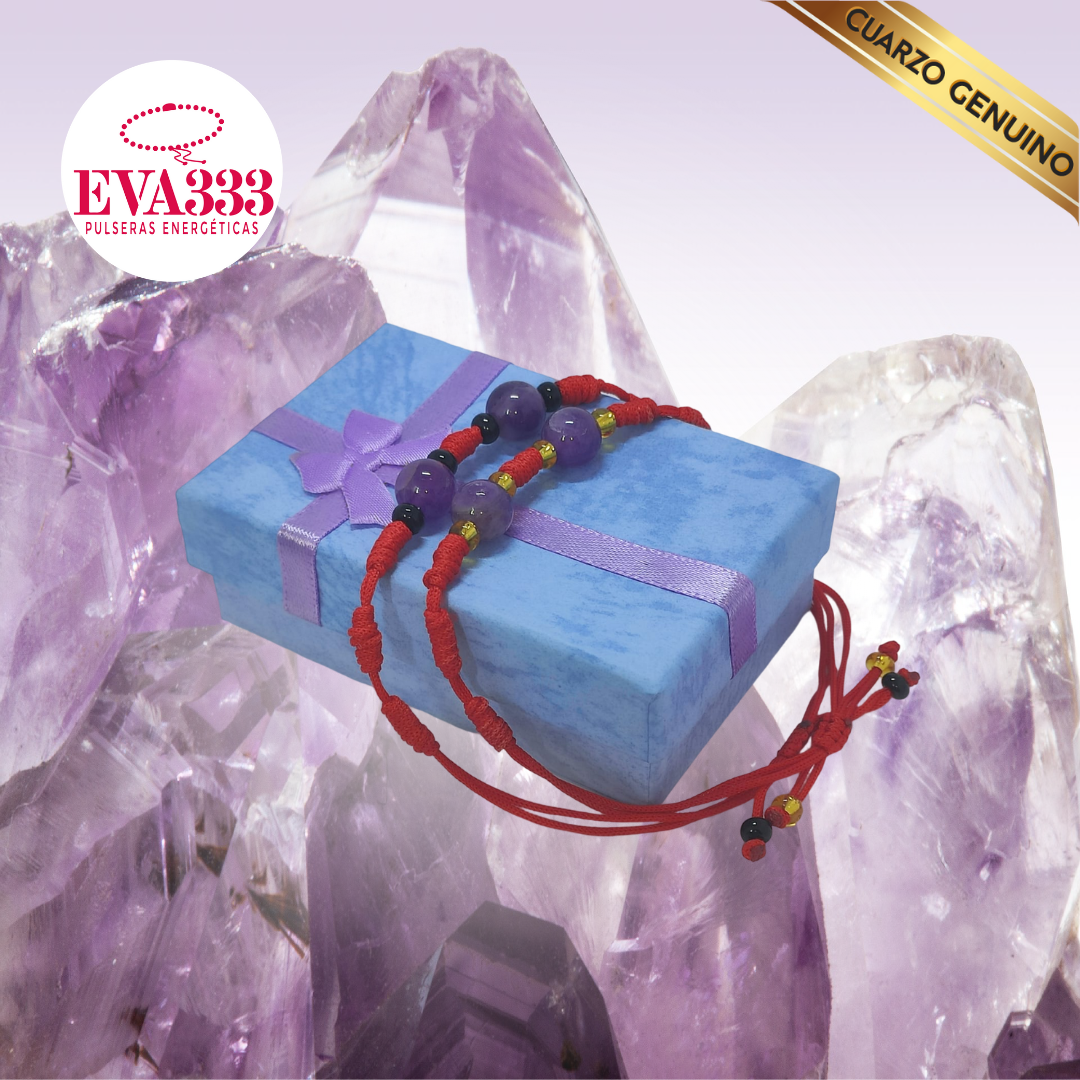 Pulsera Hilo Rojo 7 Nudos 2 Cuarzo Amatista (6 Chaquira Negra)