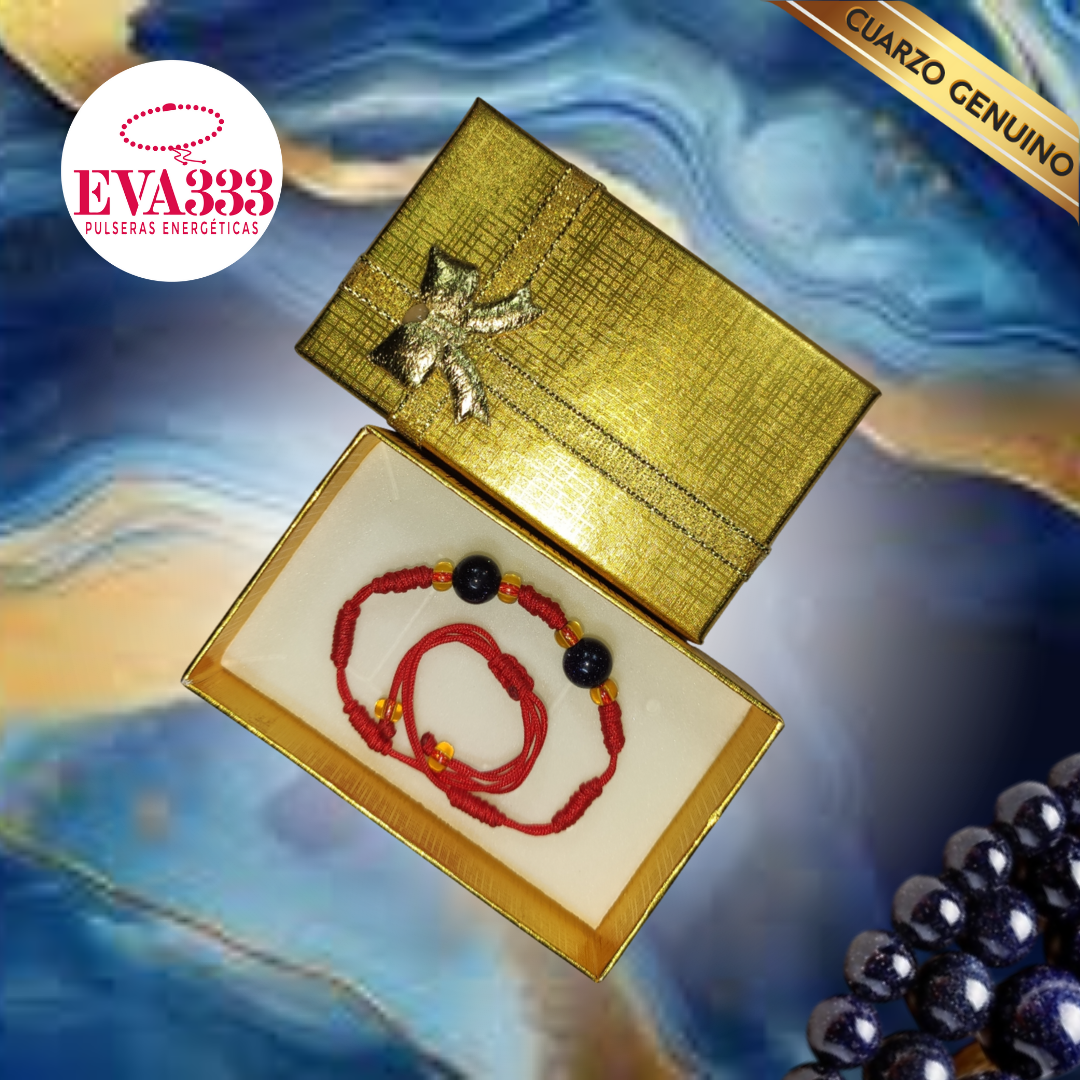 Pulsera Hilo Rojo 7 Nudos 2 Cuarzo Aventurina Azul (6 Chaquira Dorada)