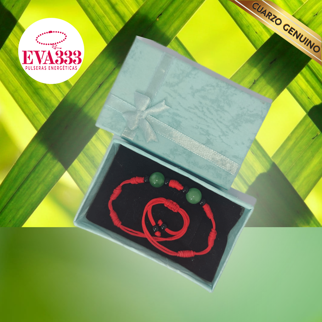 Pulsera Hilo Rojo 7 Nudos 2 Cuarzo Jaspe Verde (6 Chaquira Negra)