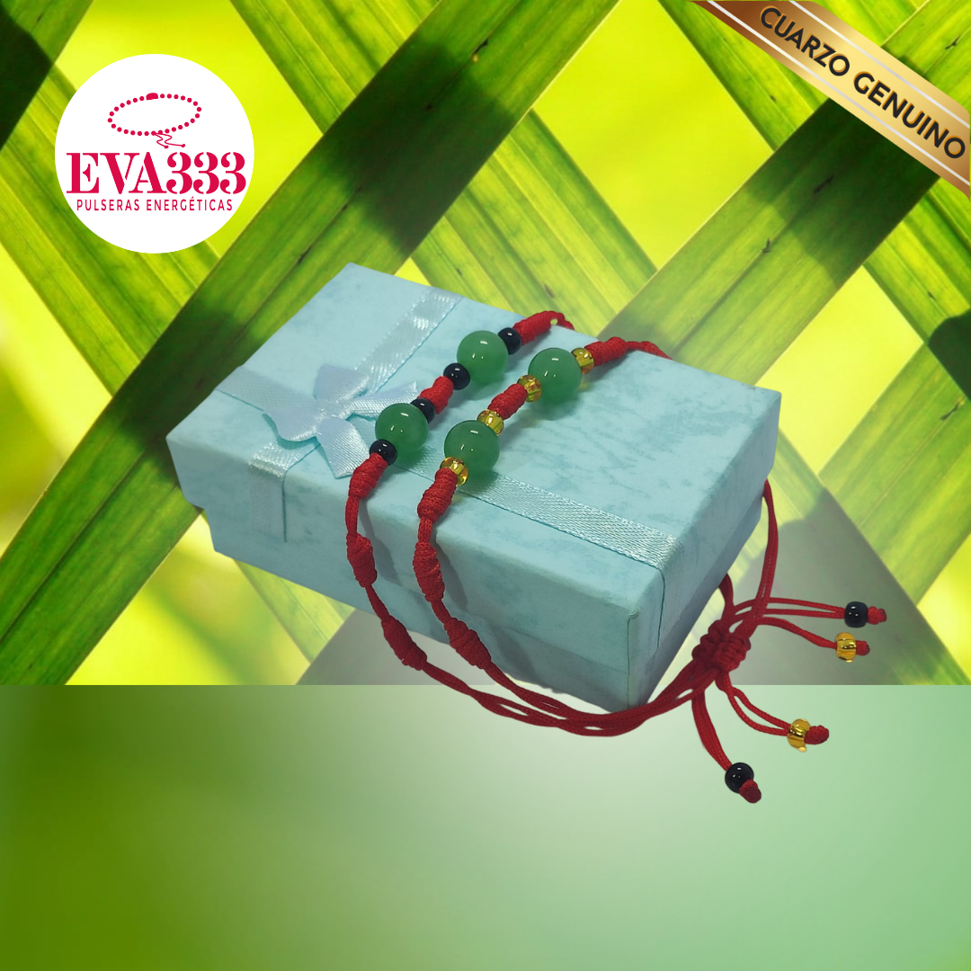 Pulsera Hilo Rojo 7 Nudos 2 Cuarzo Jaspe Verde (6 Chaquira Negra)
