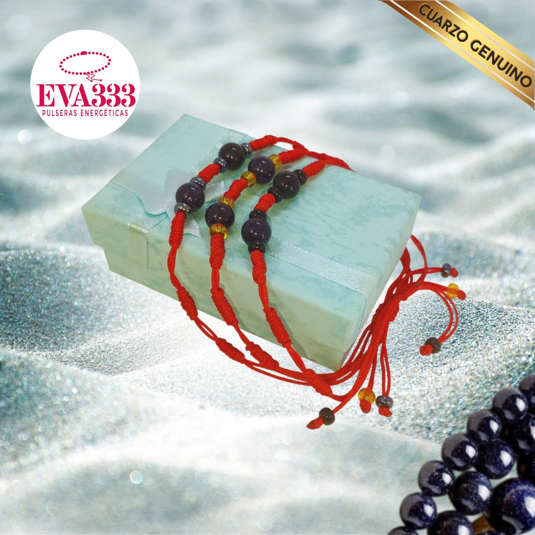 Pulsera Hilo Rojo 7 Nudos 2 Cuarzo Aventurina Azul (6 Chaquira Plomo)