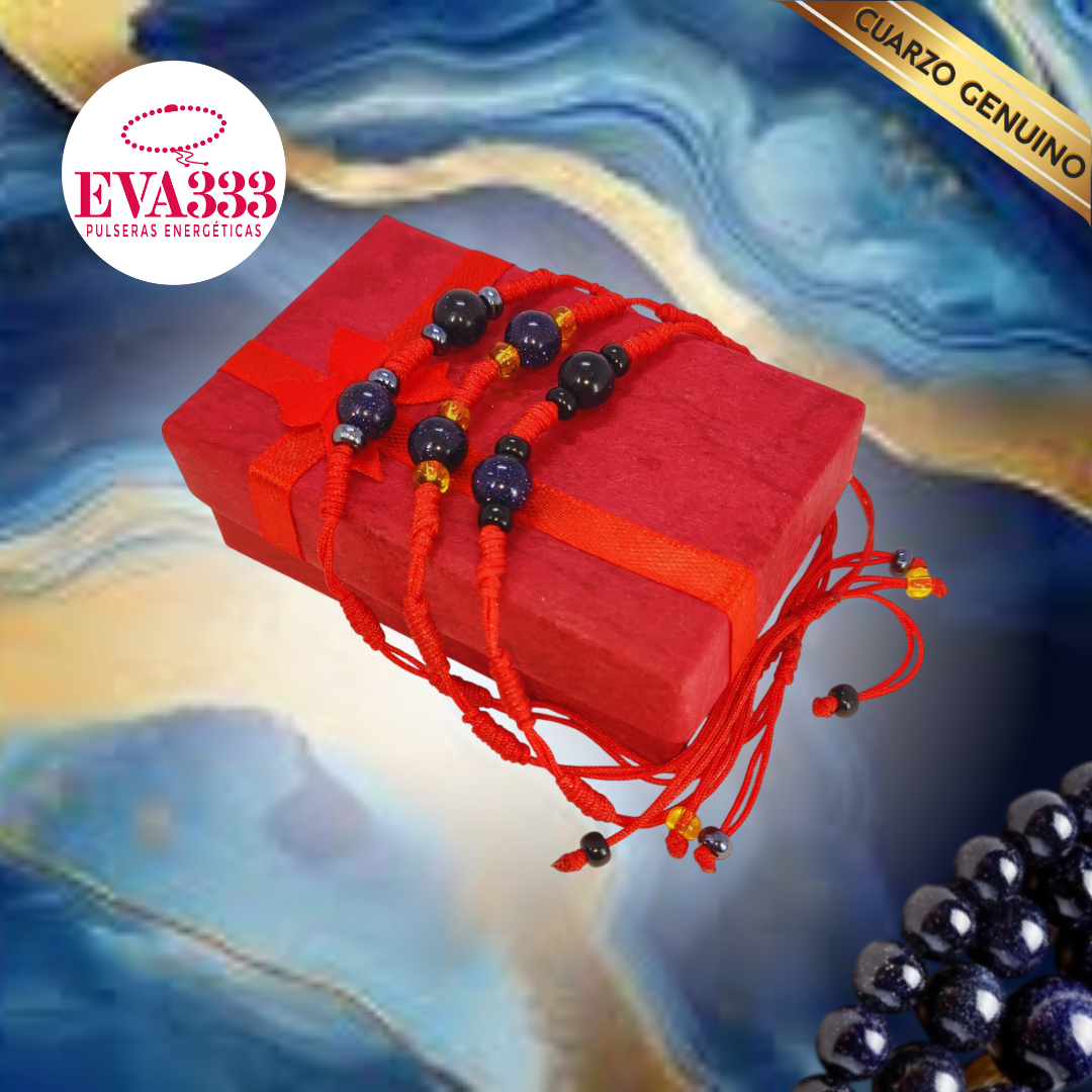 Pulsera Hilo Rojo 7 Nudos 2 Cuarzo Aventurina Azul (6 Chaquira Dorada)