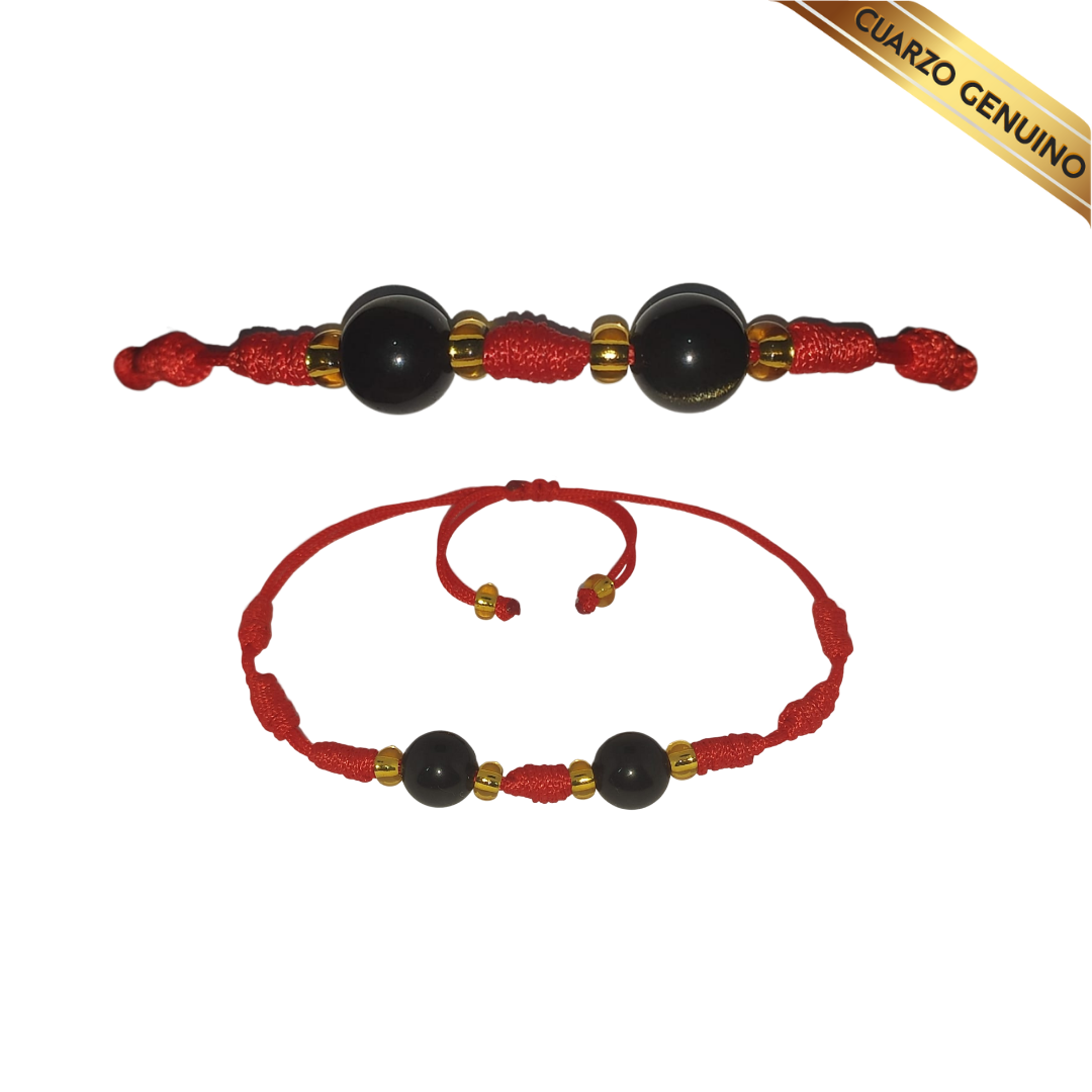 Pulsera Hilo Rojo 7 Nudos 2 Cuarzo Obsidiana Negra (6 Chaquira Dorada)