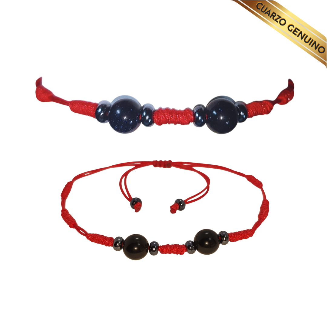 Pulsera Hilo Rojo 7 Nudos 2 Cuarzo Aventurina Azul (6 Chaquira Plomo)