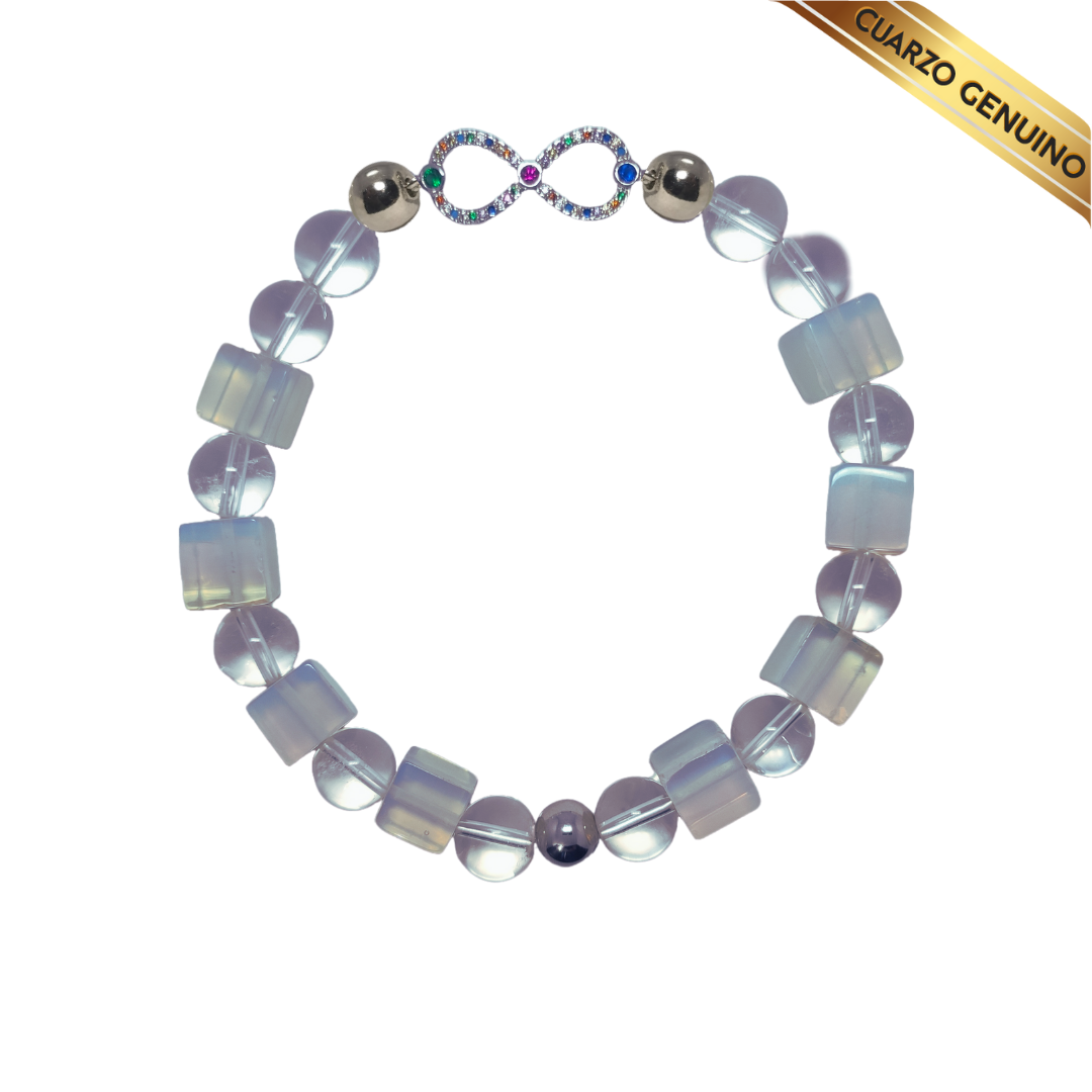 Pulsera Cuarzo Piedra Luna (Tallado en Cubo) y Cuarzo Cristal (Redondo) N° 10