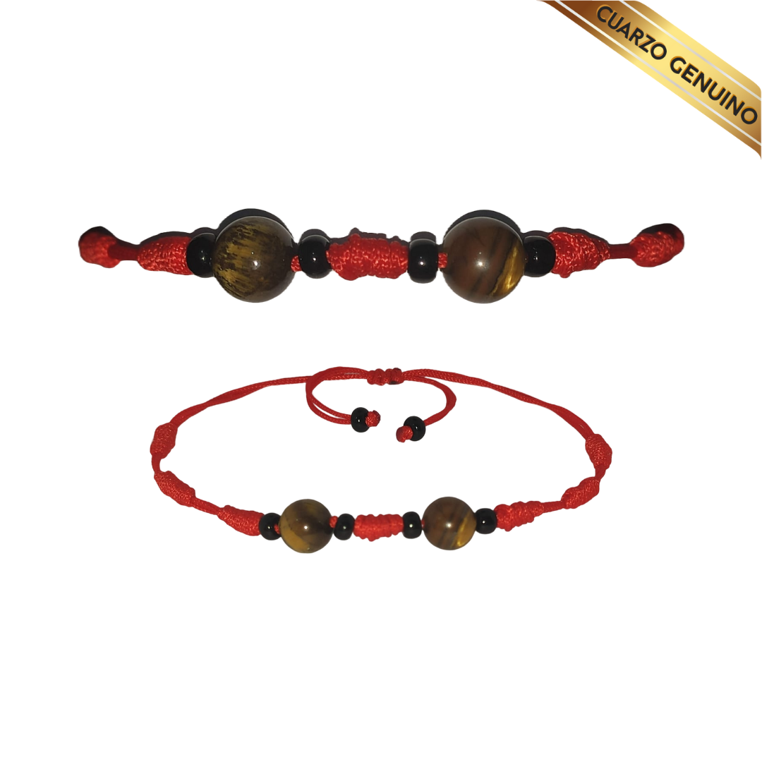 Pulsera Hilo Rojo 7 Nudos 2 Cuarzo Ojo de Tigre (6 Chaquira Negra)