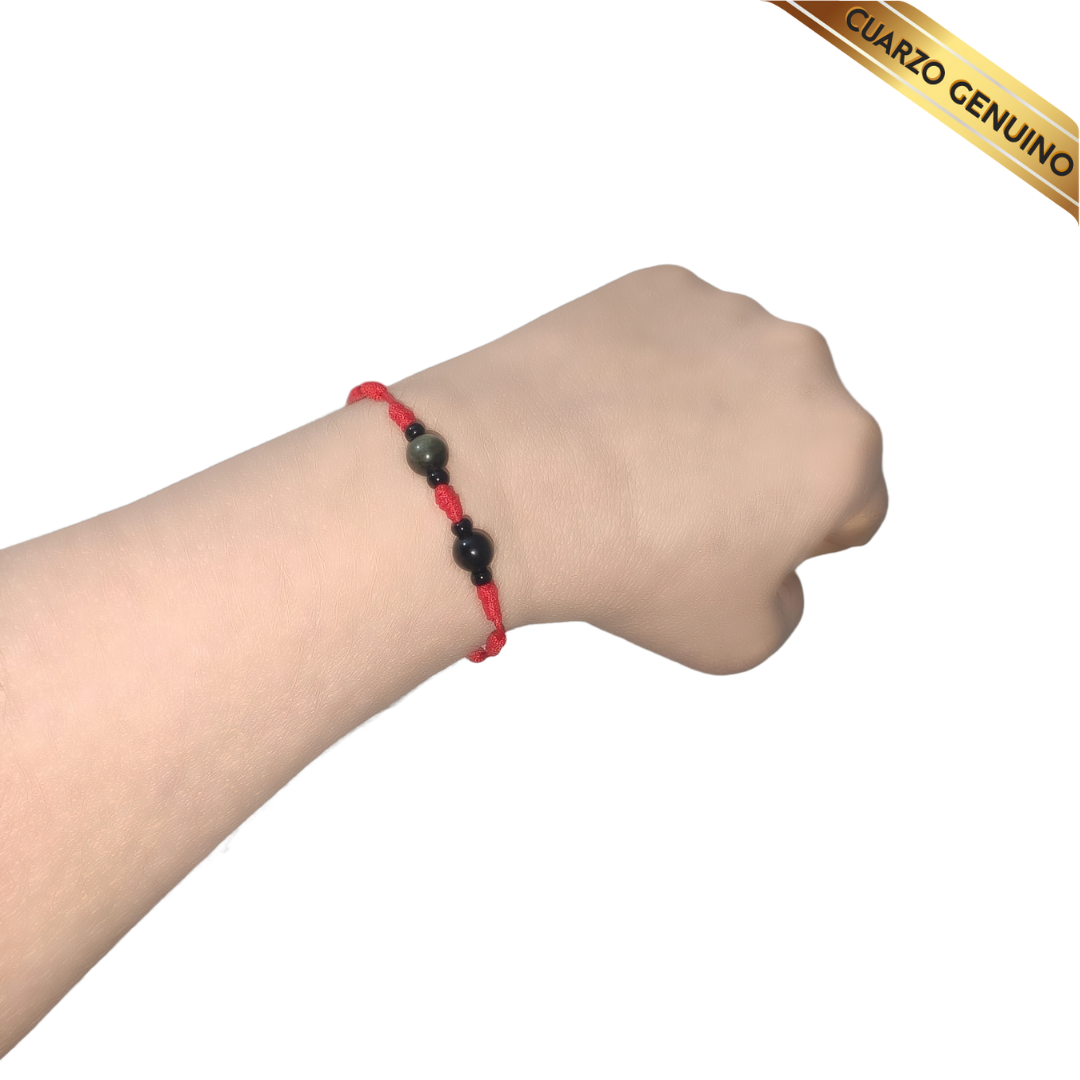 Pulsera Hilo Rojo 7 Nudos 2 Cuarzo Obsidiana Negra (6 Chaquira Negra)