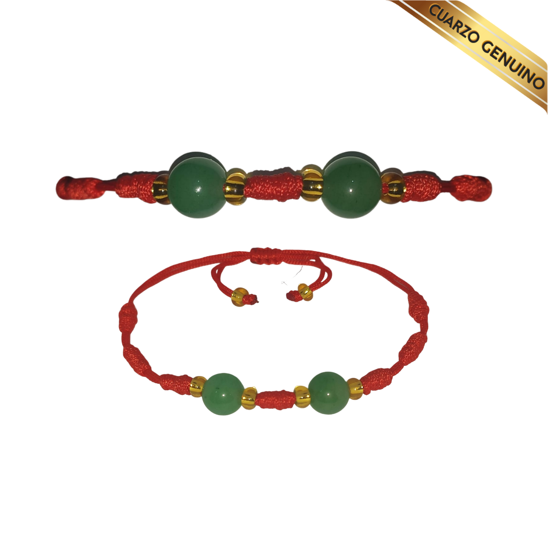 Pulsera Hilo Rojo 7 Nudos 2 Cuarzo Jaspe Verde (6 Chaquira Dorada)