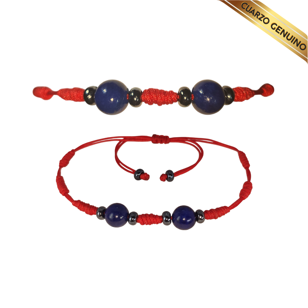 Pulsera Hilo Rojo 7 Nudos 2 Cuarzo Lapislázuli (6 Chaquira Plomo)