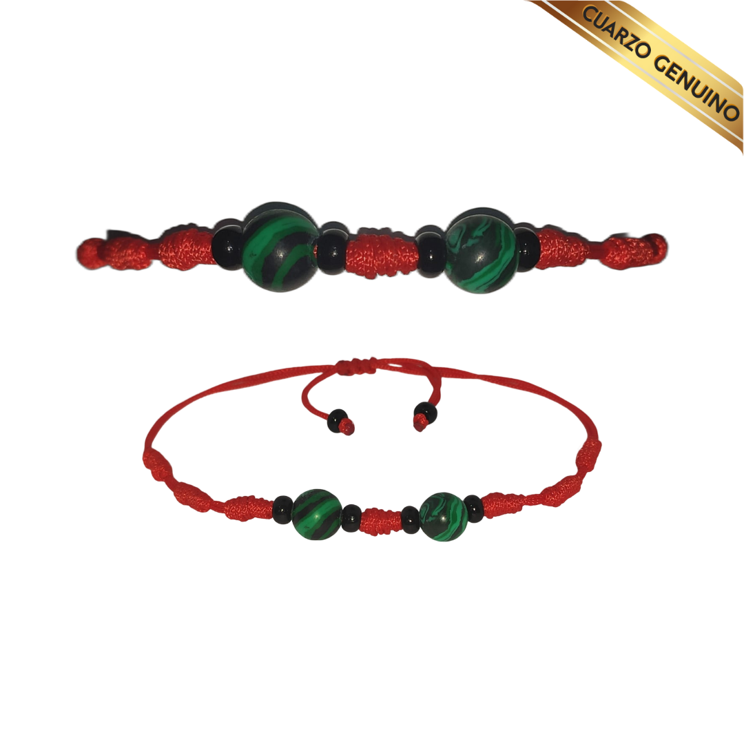 Pulsera Hilo Rojo 7 Nudos 2 Cuarzo Malaquita (6 Chaquira Negra)