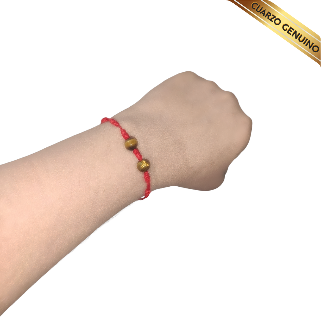 Pulsera Hilo Rojo 7 Nudos 2 Cuarzo Ojo de Tigre (2 Chaquira Dorada)