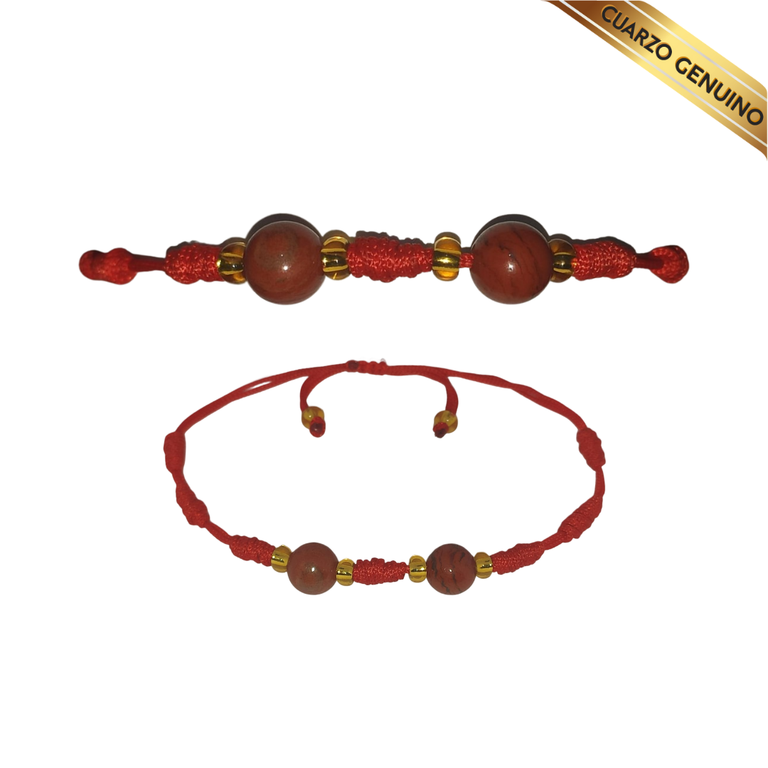 Pulsera Hilo Rojo 7 Nudos 2 Cuarzo Jaspe Rojo (6 Chaquira Dorada)