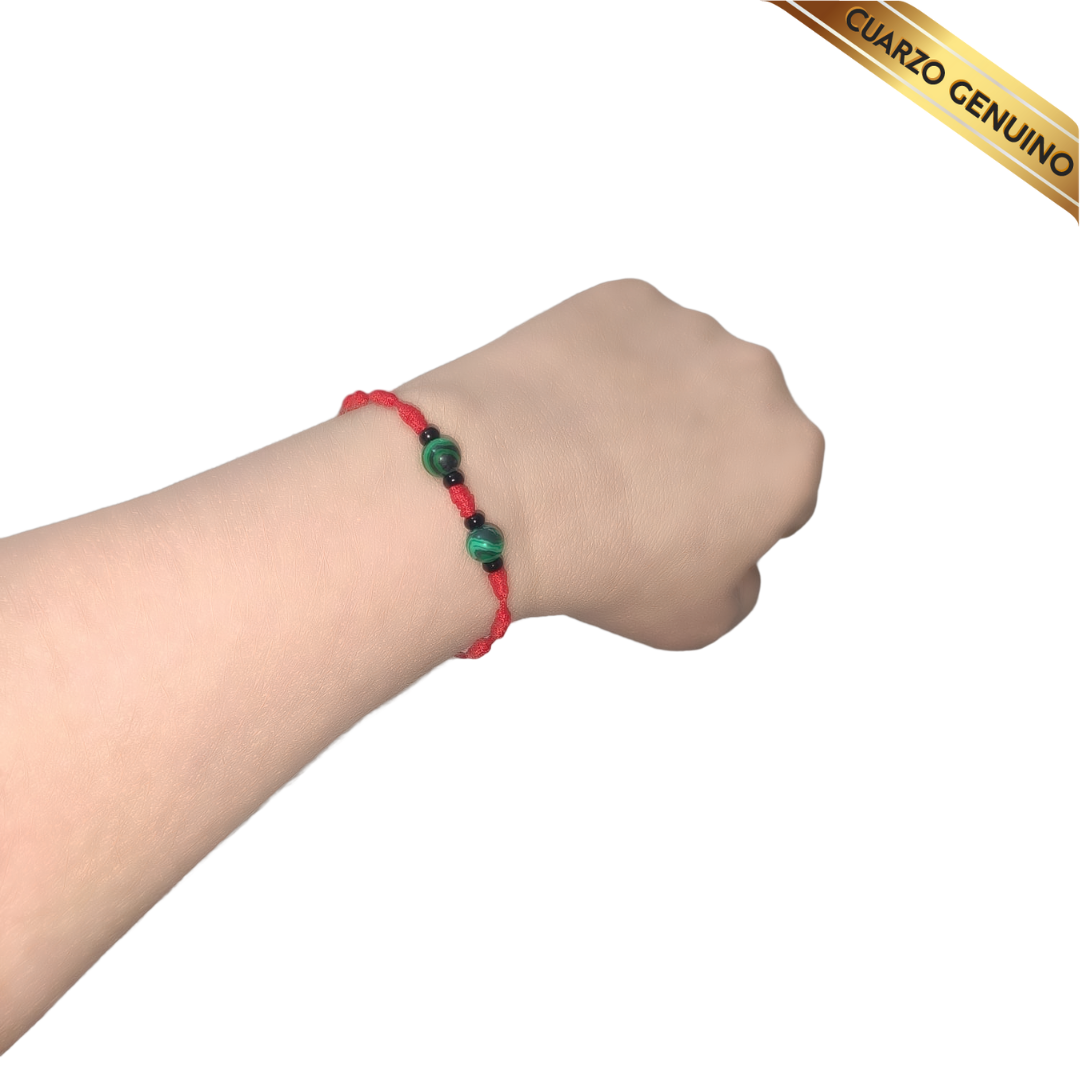 Pulsera Hilo Rojo 7 Nudos 2 Cuarzo Malaquita (6 Chaquira Negra)