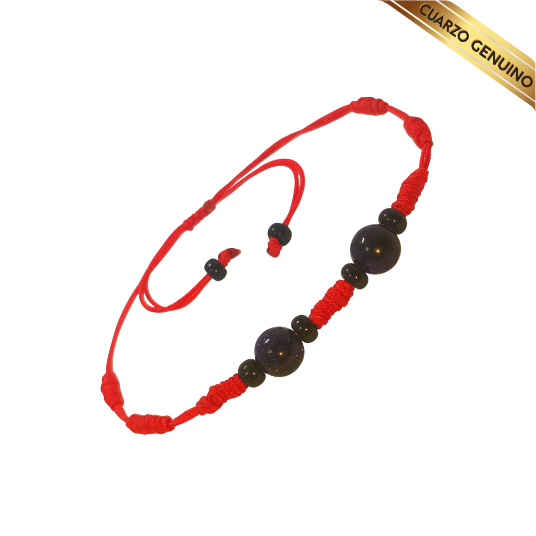 Pulsera Hilo Rojo 7 Nudos 2 Cuarzo Aventurina Azul (6 Chaquira Negra)