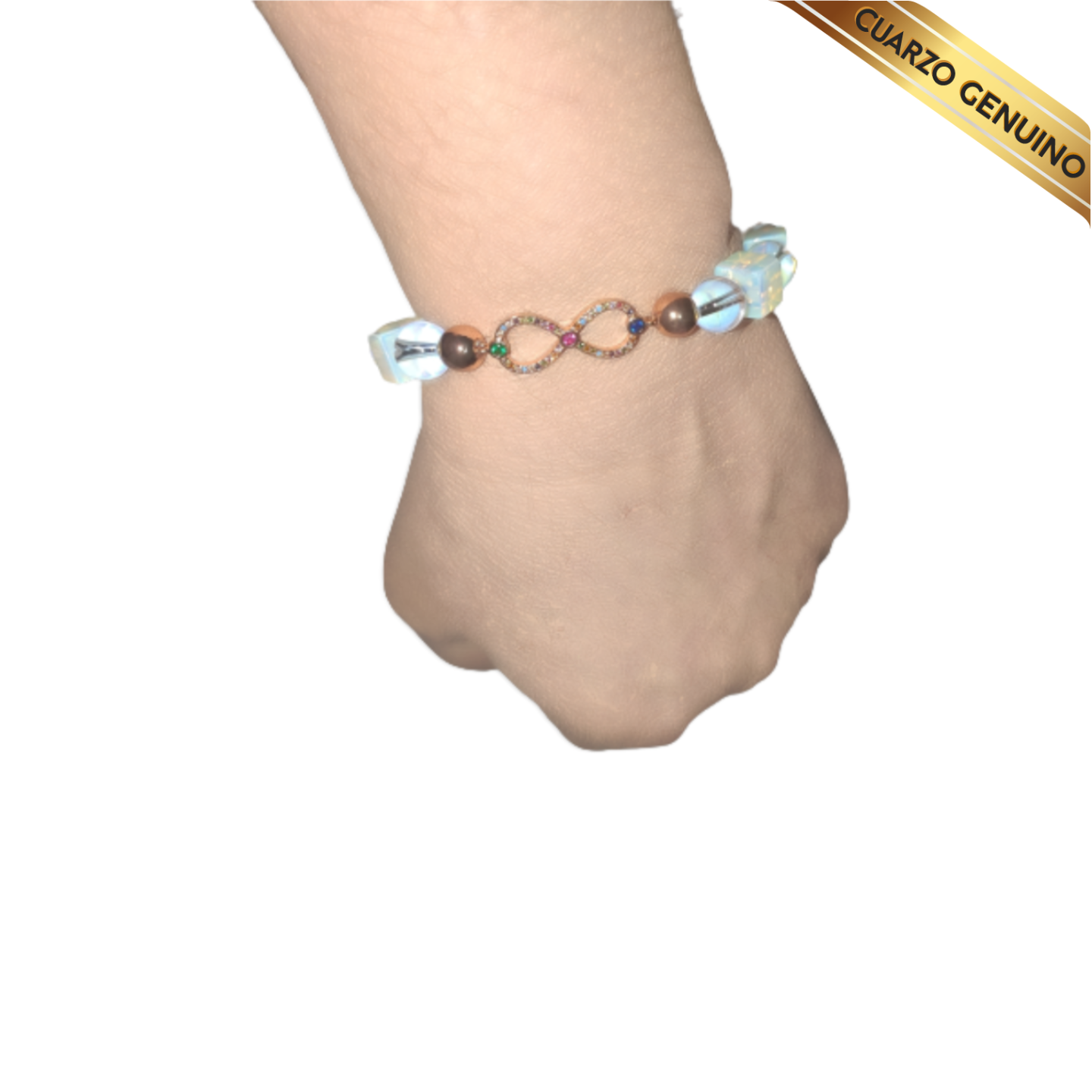 Pulsera Cuarzo Piedra Luna (Tallado en Cubo) y Cuarzo Cristal (Redondo) N° 10