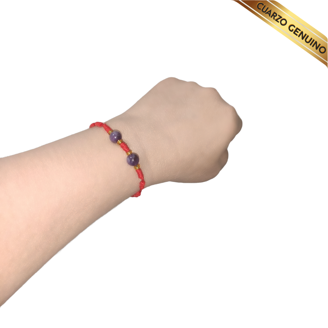 Pulsera Hilo Rojo 7 Nudos 2 Cuarzo Amatista (6 Chaquira Dorada)