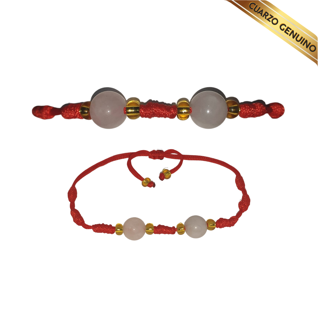 Pulsera Hilo Rojo 7 Nudos 2 Cuarzo Rosa (6 Chaquira Dorada)