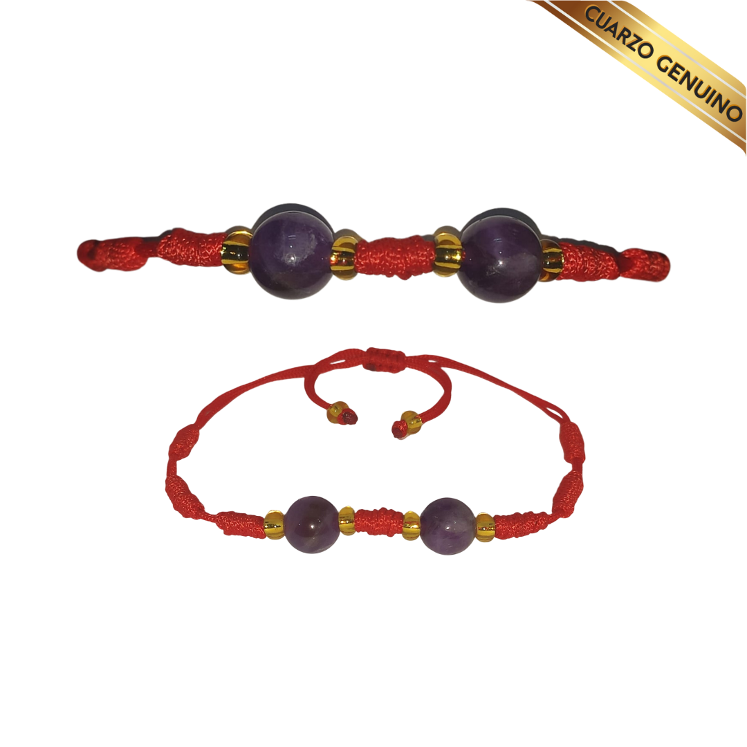 Pulsera Hilo Rojo 7 Nudos 2 Cuarzo Amatista (6 Chaquira Dorada)
