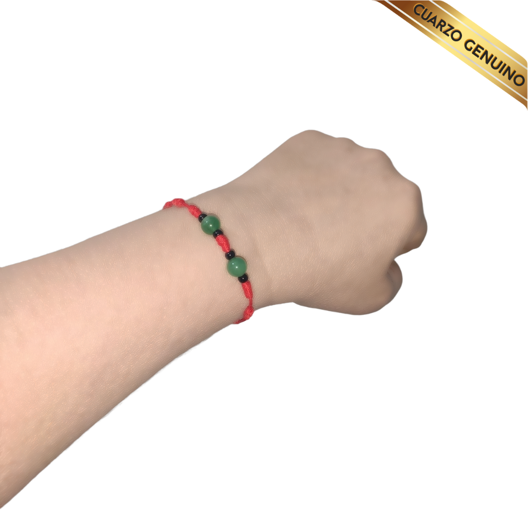 Pulsera Hilo Rojo 7 Nudos 2 Cuarzo Jaspe Verde (6 Chaquira Negra)